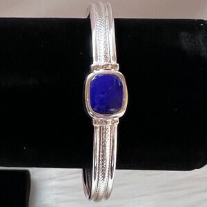 Sterling Silver Bangle Bracelet with Bezel Set Blue Lapis